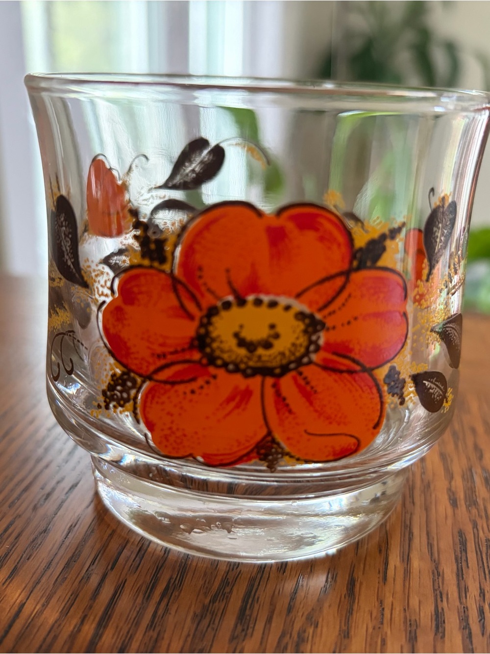 Vintage Floral Glass Tumbler with Bold Orange Flower